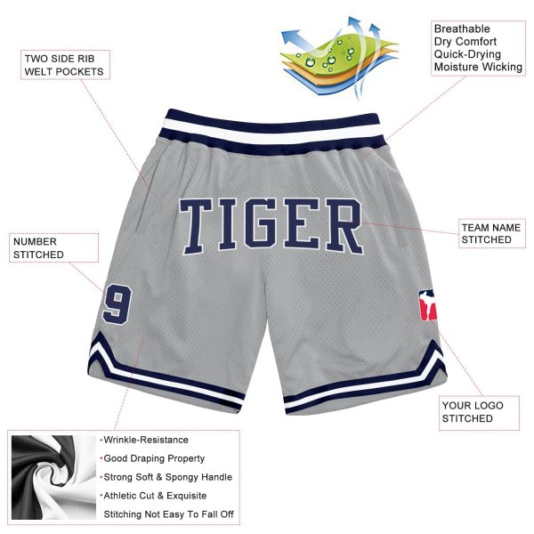 Custom Silver Gray Navy-White Authentic Throwback Basketball Shorts