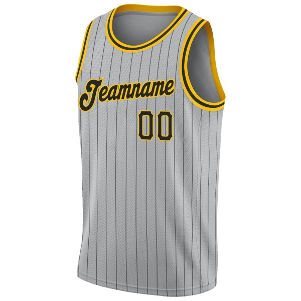 Custom Silver Gray Black Pinstripe Black-Gold Authentic Basketball Jersey