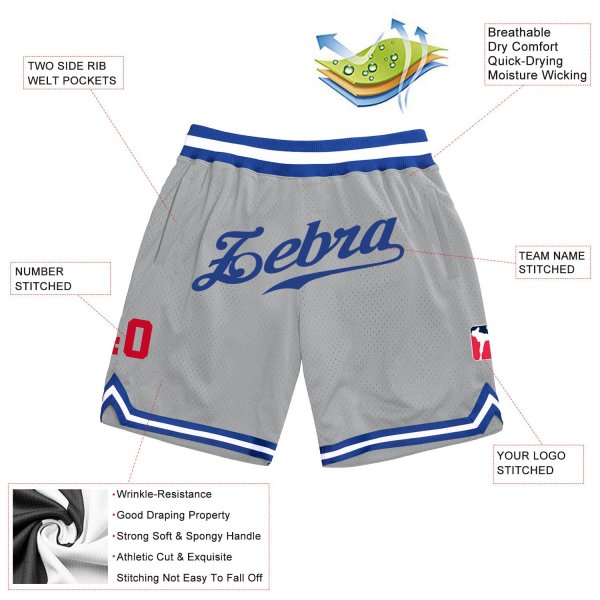 Custom Silver Gray Royal-Red Authentic Throwback Basketball Shorts