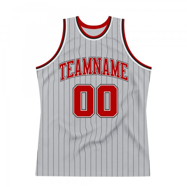 Custom Silver Gray Black Pinstripe Red-White Authentic Basketball Jersey