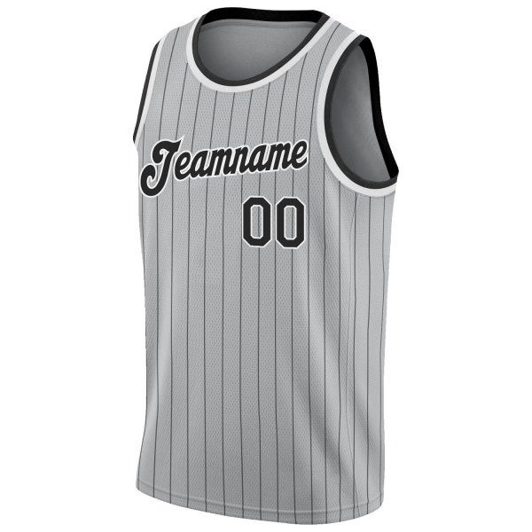 Custom Silver Gray Black Pinstripe Black-White Authentic Basketball Jersey