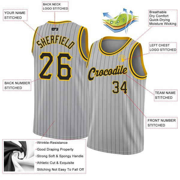 Custom Silver Gray Black Pinstripe Black-Gold Authentic Basketball Jersey