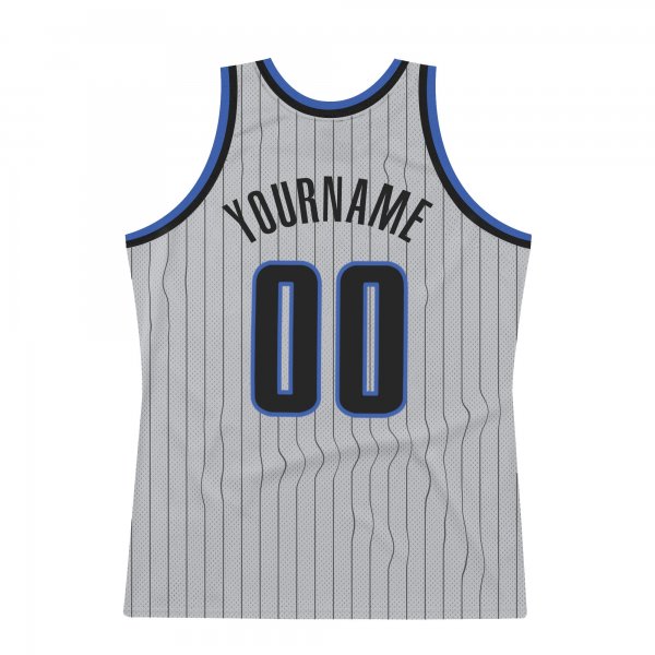 Custom Silver Gray Black Pinstripe Black-Blue Authentic Basketball Jersey