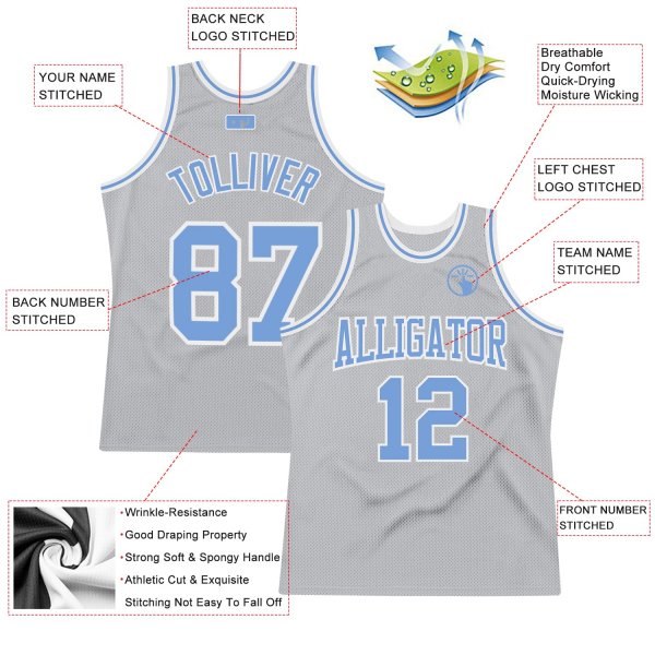 Custom Silver Gray Light Blue-White Authentic Throwback Basketball Jersey