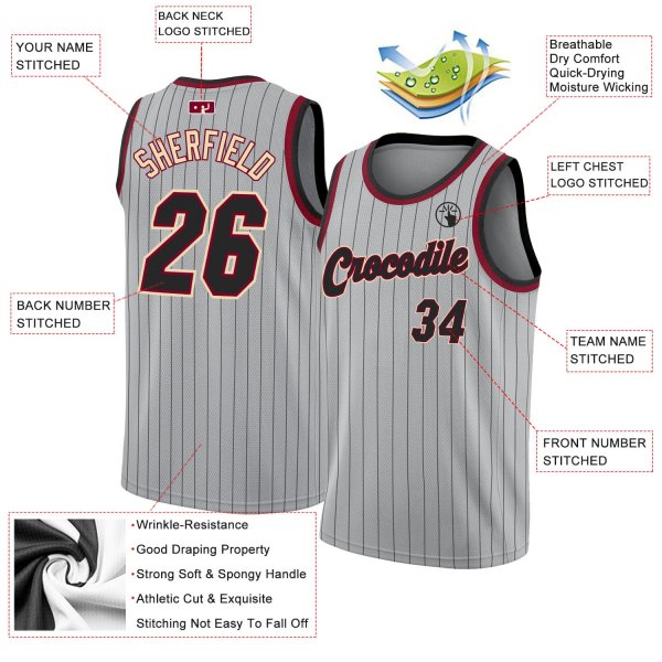 Custom Silver Gray Black Pinstripe Black-Maroon Authentic Basketball Jersey