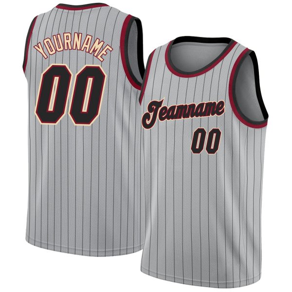 Custom Silver Gray Black Pinstripe Black-Maroon Authentic Basketball Jersey