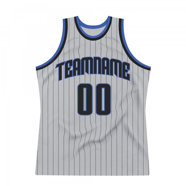 Custom Silver Gray Black Pinstripe Black-Blue Authentic Basketball Jersey