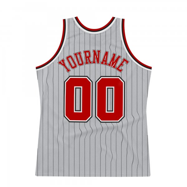 Custom Silver Gray Black Pinstripe Red-White Authentic Basketball Jersey