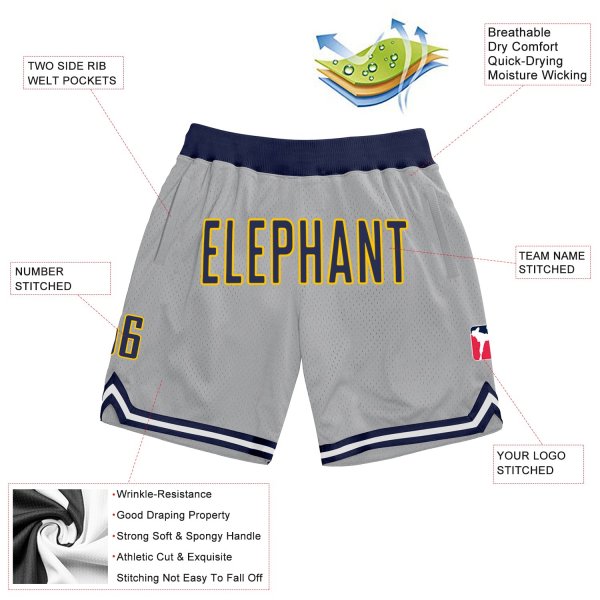 Custom Silver Gray Navy-Gold Authentic Throwback Basketball Shorts