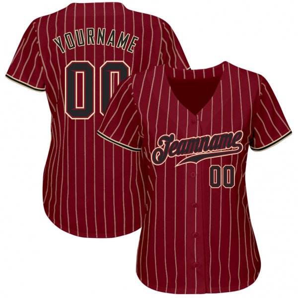 Custom Crimson Cream Pinstripe Black-Khaki Authentic Baseball Jersey