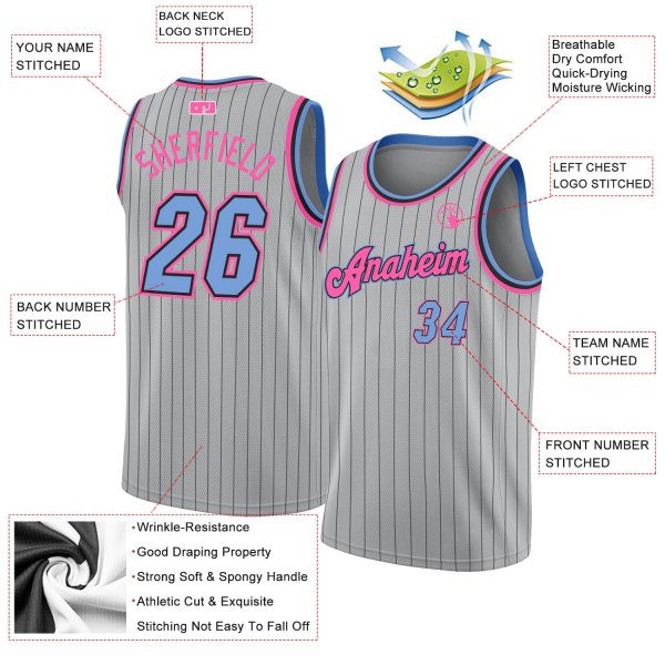 Custom Silver Gray Black Pinstripe Light Blue-Pink Authentic Basketball Jersey