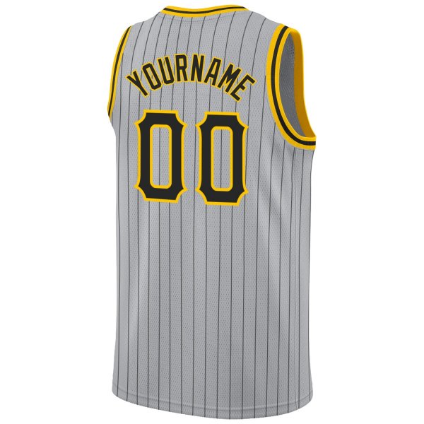 Custom Silver Gray Black Pinstripe Black-Gold Authentic Basketball Jersey