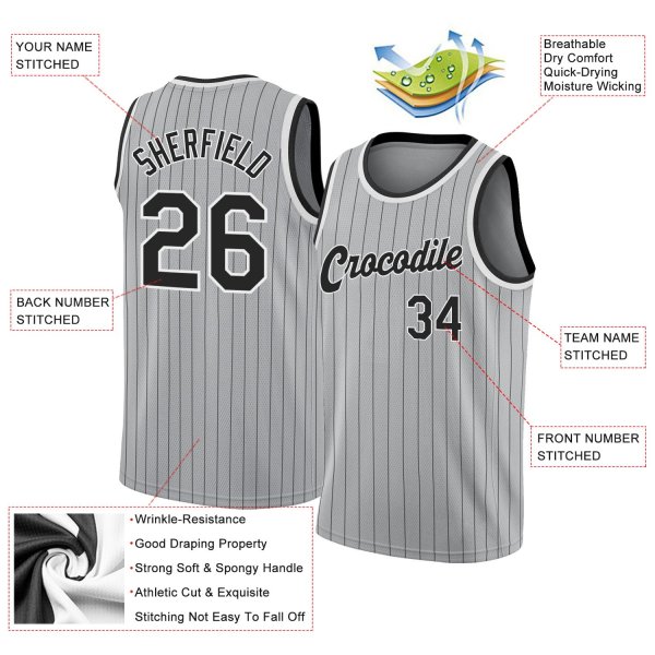 Custom Silver Gray Black Pinstripe Black-White Authentic Basketball Jersey