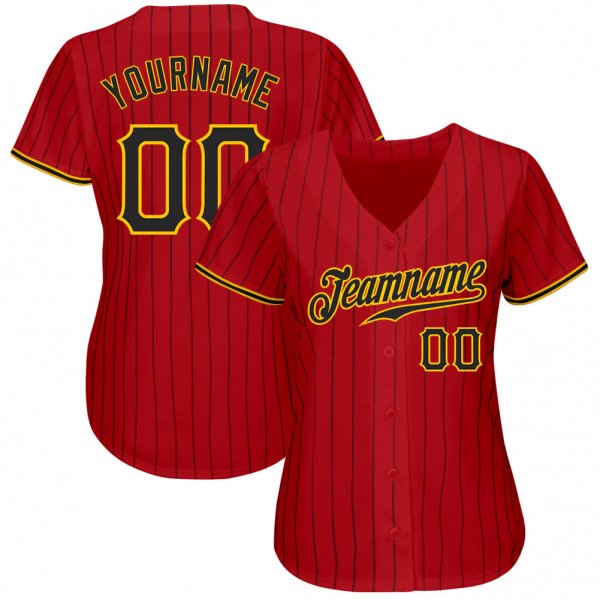 Custom Red Black Pinstripe Black-Gold Authentic Baseball Jersey